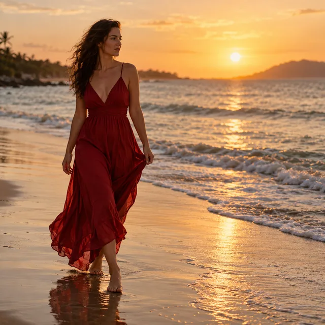 Red dress in warm sunset light beside the surf