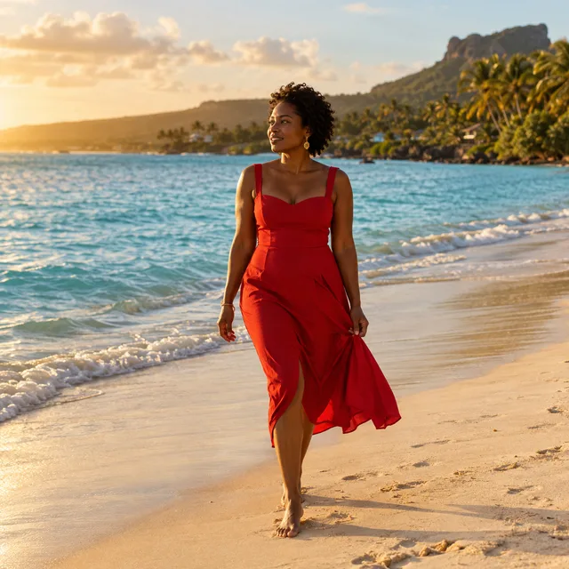 Crimson dress on a tropical beach in low evening light